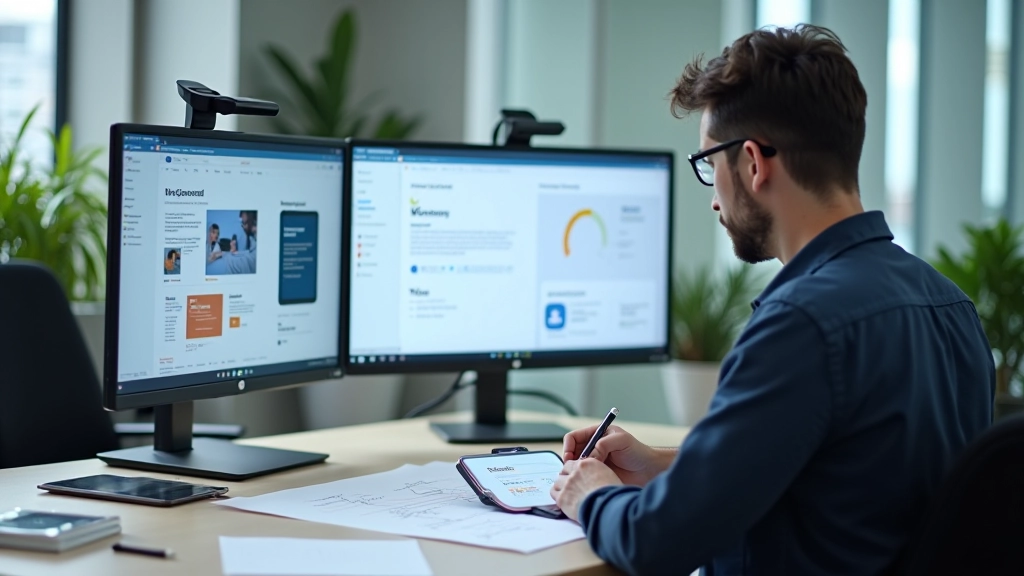 Designer working on split-screen layout mockup with laptop and tablet on desk