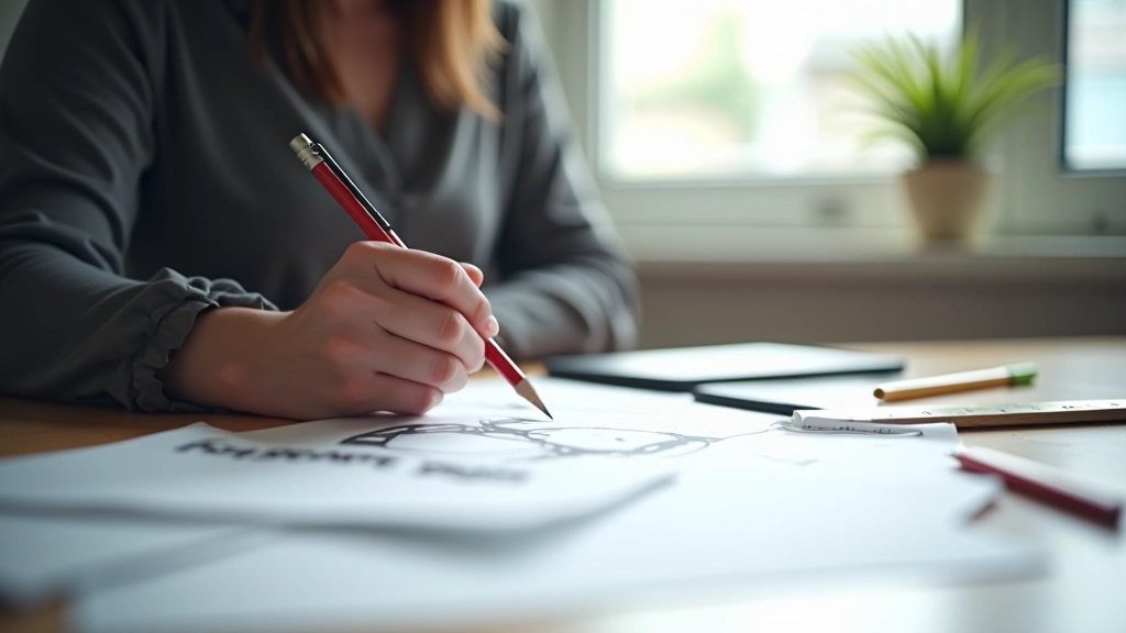 Designer sketching layout proportions on paper, showing 50/50 column division measurements