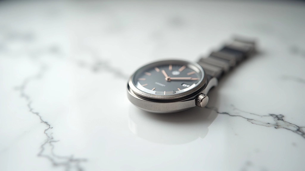 Watch product photography on clean white background with soft lighting, showing luxury timepiece at 45-degree angle