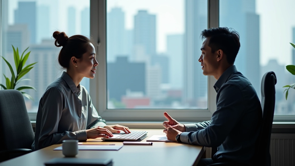 Designer reviewing website design on large monitor, comparing layouts and discussing with colleague
